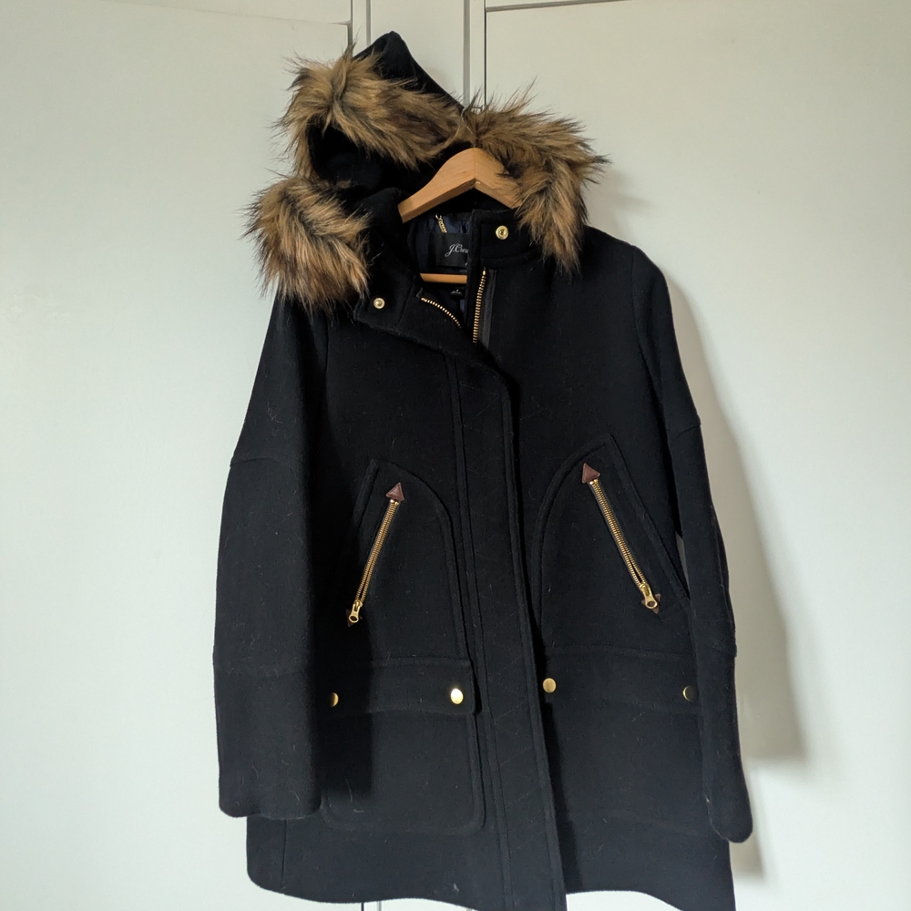 J. Crew Black Coat with Fur-Trimmed Hood